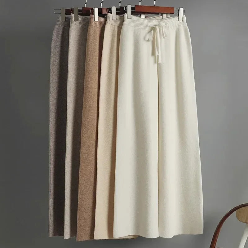 Wool Knitted Wide-Leg Pants for Women Loose Leisure All-Matching Soft Glutinous Thickened Straight Long Pants for Outer Wear
