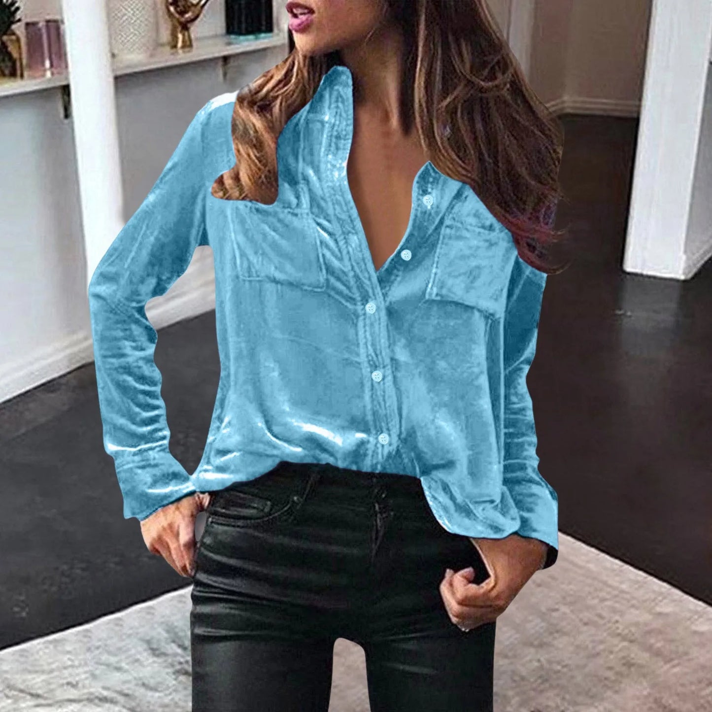 Women Fashion Solid Shirts Women Autumn Casual Long Sleeve Blouse Lapel Buttons Two Pockets Cotton Velvet Blend Tops chemise