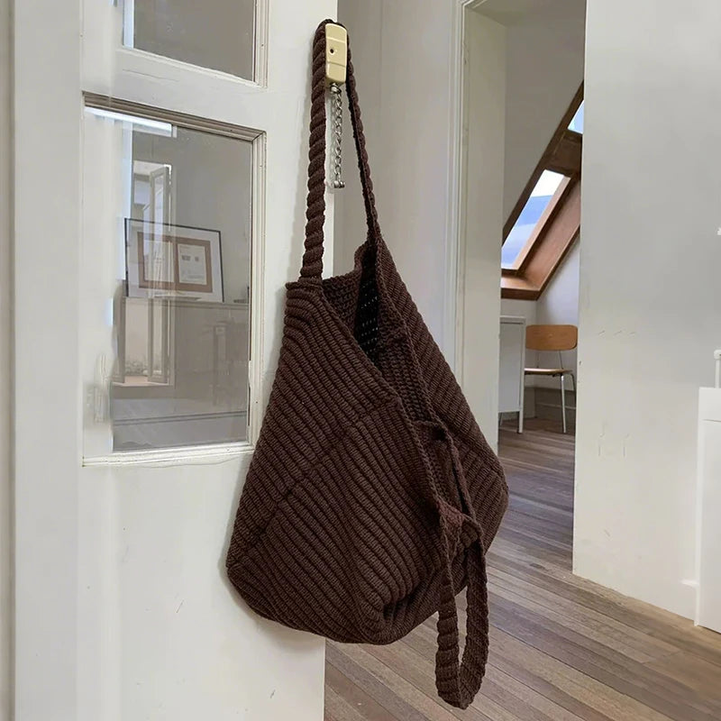 Retro Knitted Handbag for Women Autumn Winter New Design Solid Color Knitted Bag Large Capacity Travel Shoulder Bag