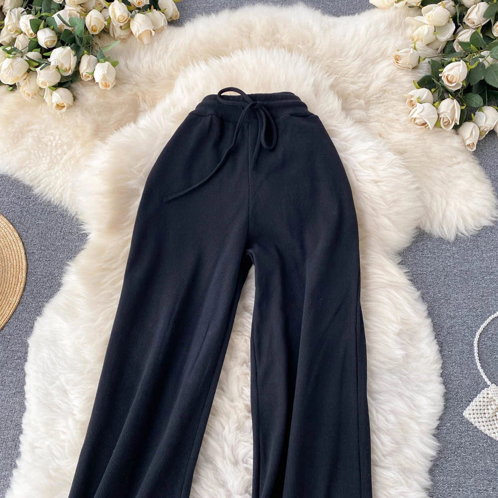 Women Long Pants Solid Fashion Spring Autumn High Elastic Waist Wide Leg Trousers Casual Sportswear Fitness Pants Trousers