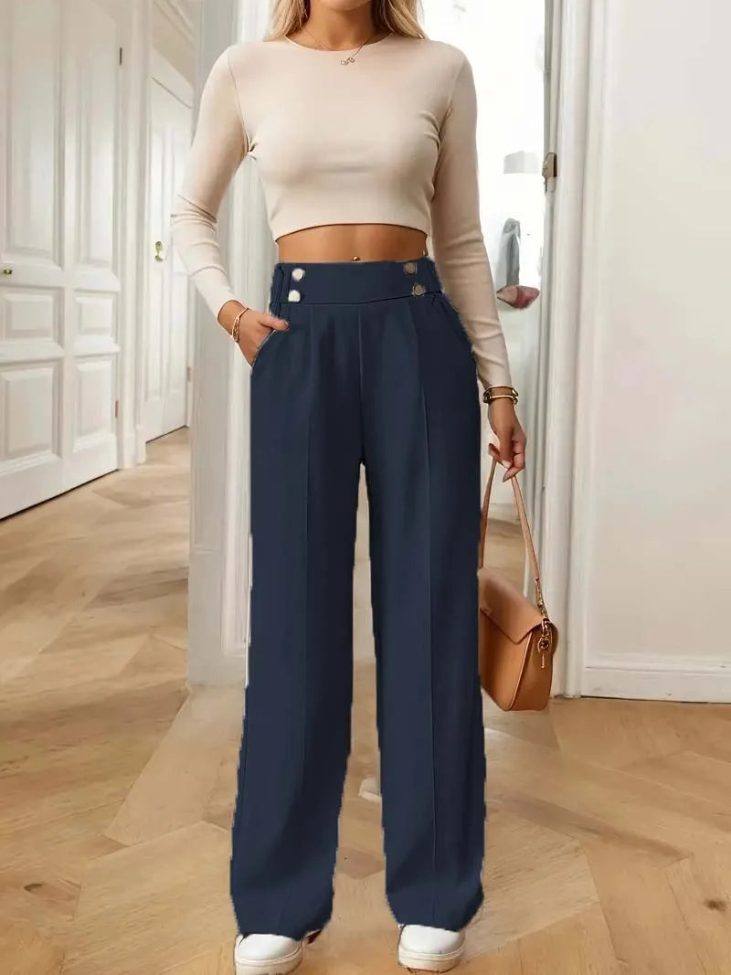 Women's High Waist Wide Leg Pants - 2025 New Flowy Floor-Length Trousers, Minimalist Straight Fit Lounge Pants with Elastic Wais