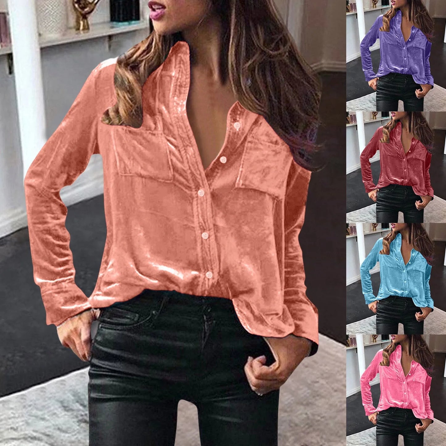 Women Fashion Solid Shirts Women Autumn Casual Long Sleeve Blouse Lapel Buttons Two Pockets Cotton Velvet Blend Tops chemise
