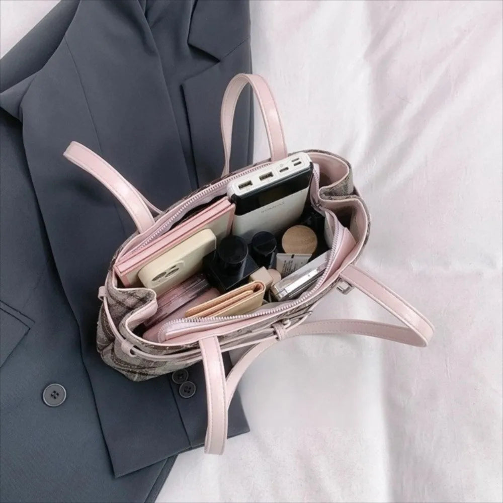 New Handbag Boho Shoulder Bag Bell Pendant Lightweight Tote Bag Plaid Underarm Bag Women Soft PU Checked Tote Cloth Shopping Bag