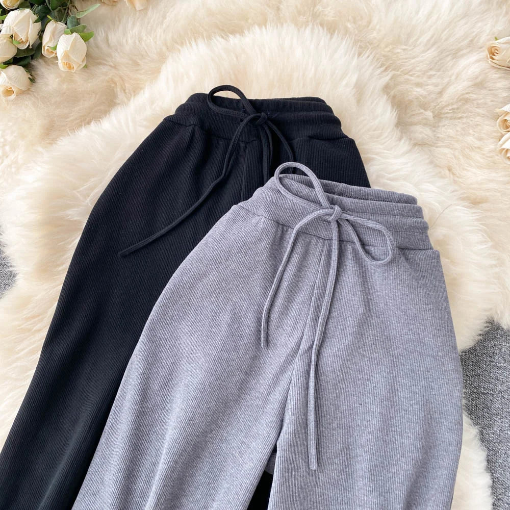 Women Long Pants Solid Fashion Spring Autumn High Elastic Waist Wide Leg Trousers Casual Sportswear Fitness Pants Trousers