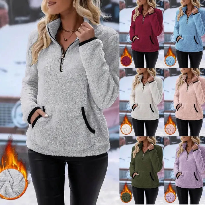 Half Zip Sweatshirts for Ladies Women's Soft Autumn And Winter Casual Sweatshirt With Side Pockets Zippers Warm Wool Pullover