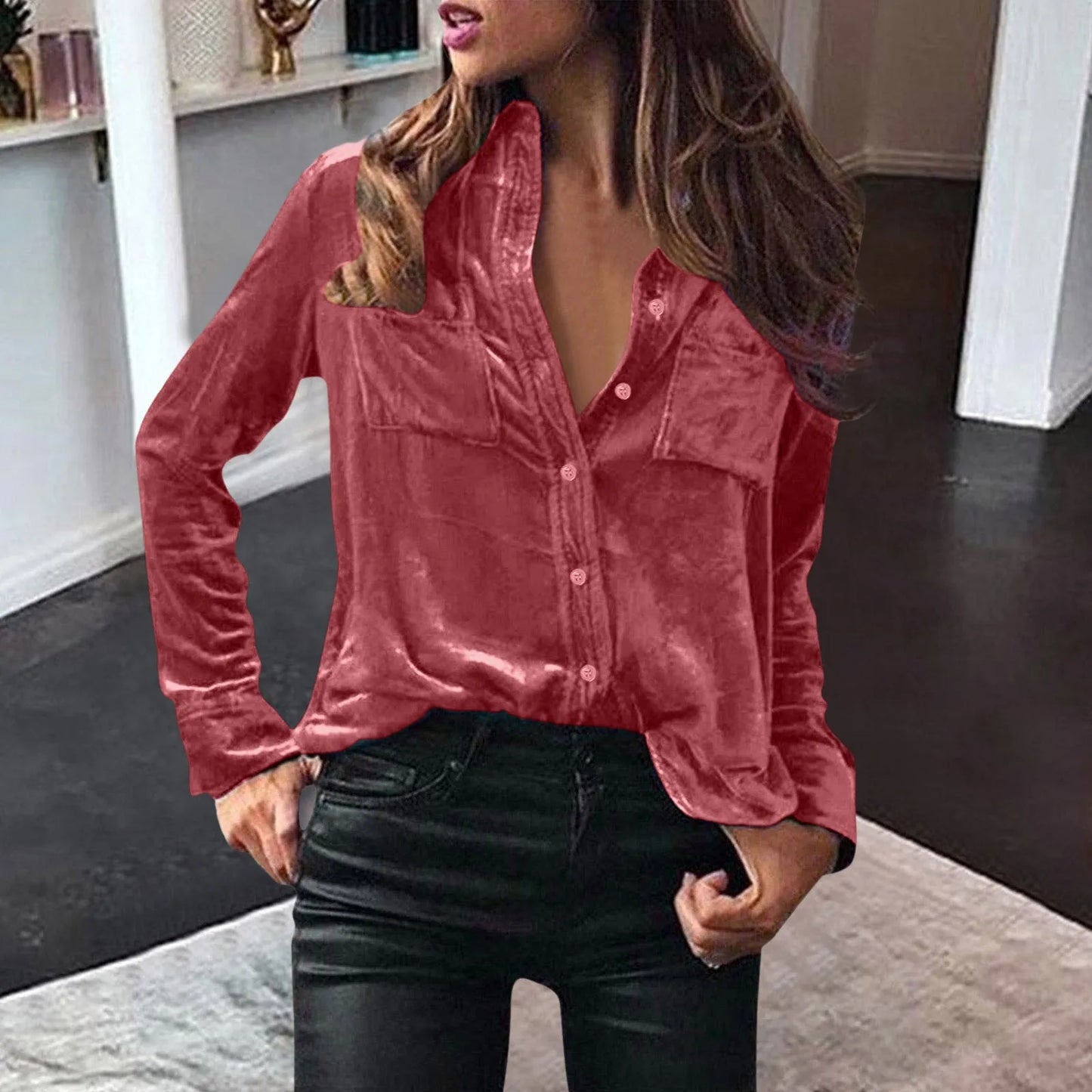 Women Fashion Solid Shirts Women Autumn Casual Long Sleeve Blouse Lapel Buttons Two Pockets Cotton Velvet Blend Tops chemise