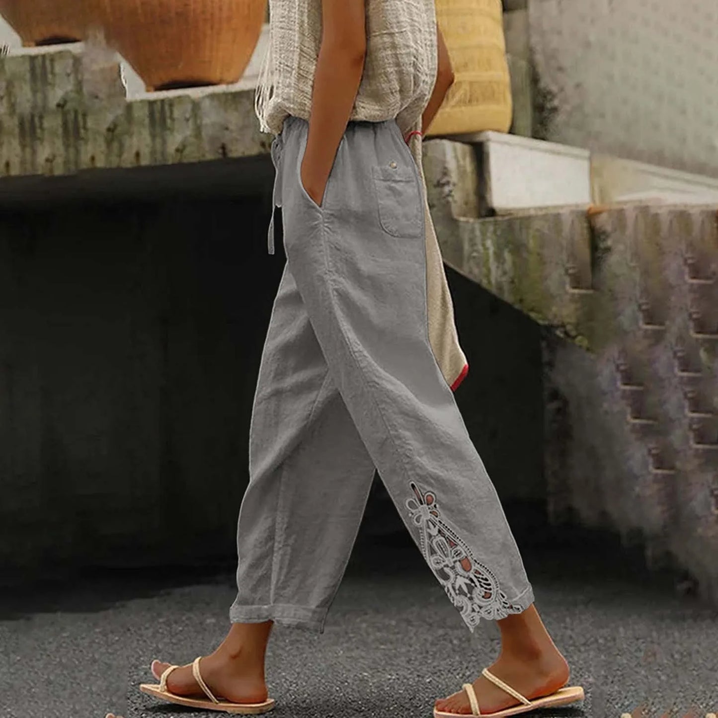 Linen Pants Women Summer Solid Color Lace Spliced Women's Pants High Waisted Drawstring Pocket Ladies Trousers Pantalones