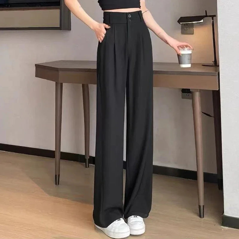 Women High Waist Suit Pants Lady Loose Straight Trousers Solid Color Spring Autumn Chic Streetwear Female Casual Wide Leg Pants