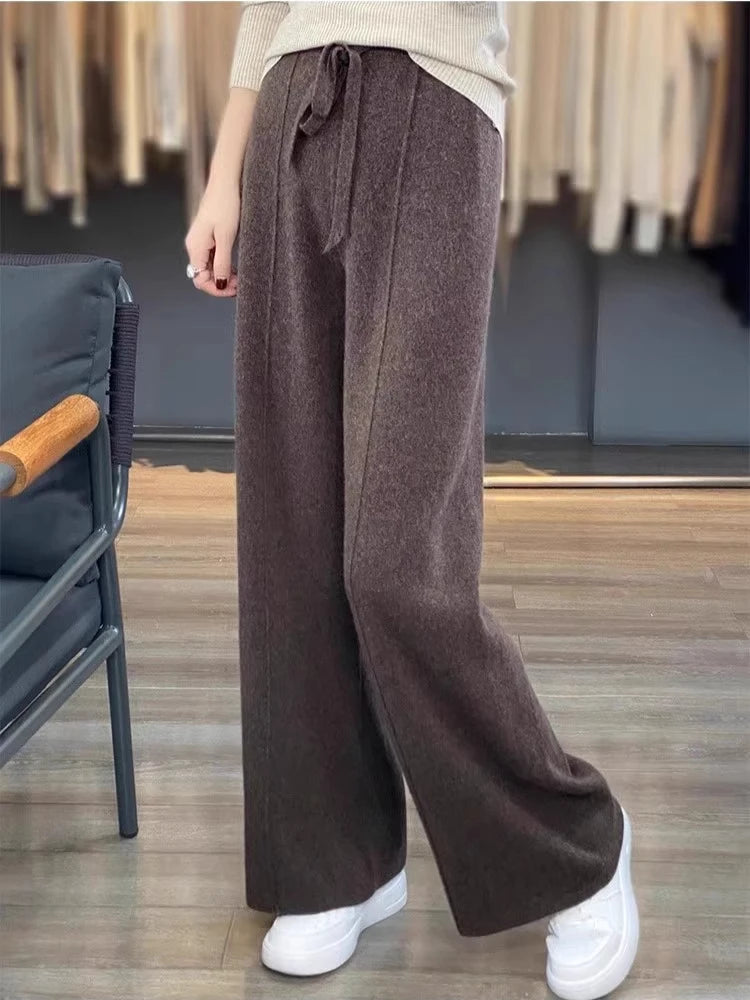 Women Pants Full Length Elastic Waist Knitted Pant Haigh Waist Wide Leg Autumn Winter Warm Stretch Trousers Casual Korean Pants