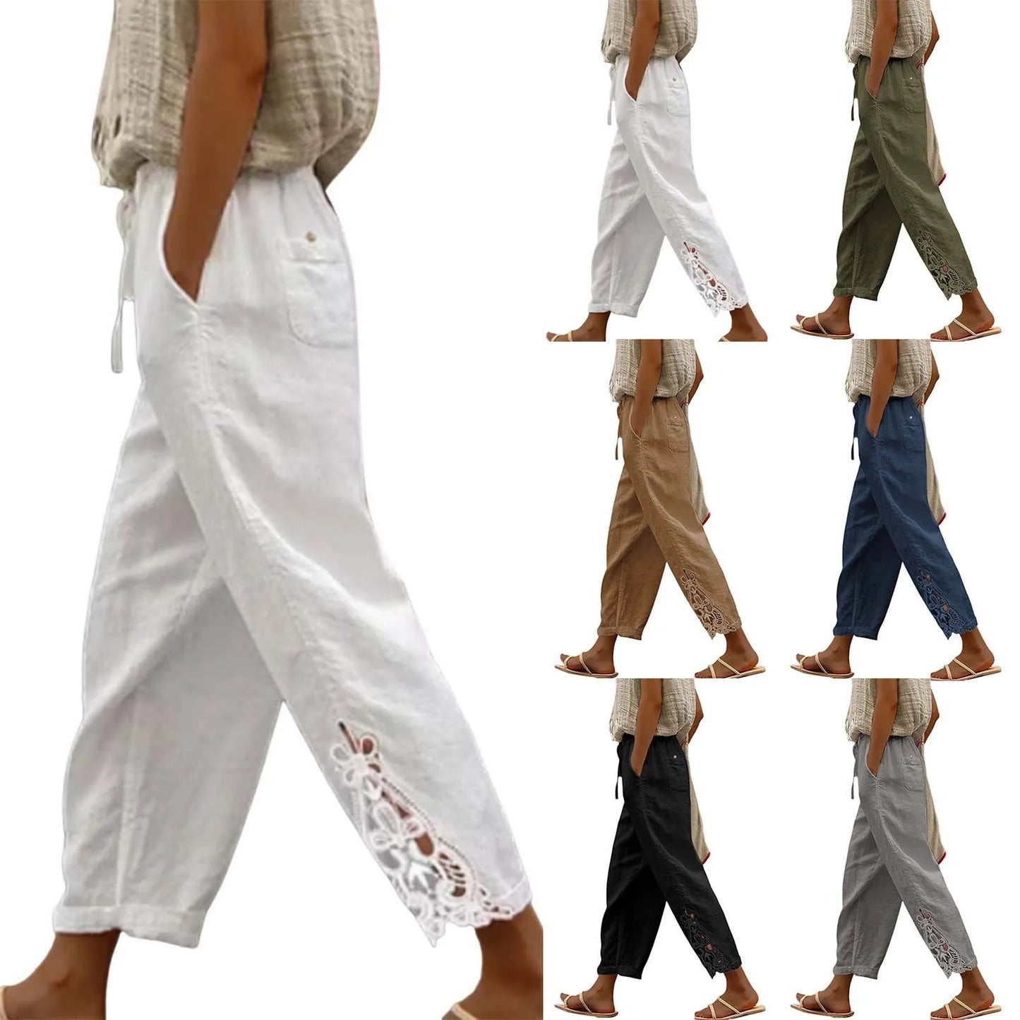 Linen Pants Women Summer Solid Color Lace Spliced Women's Pants High Waisted Drawstring Pocket Ladies Trousers Pantalones