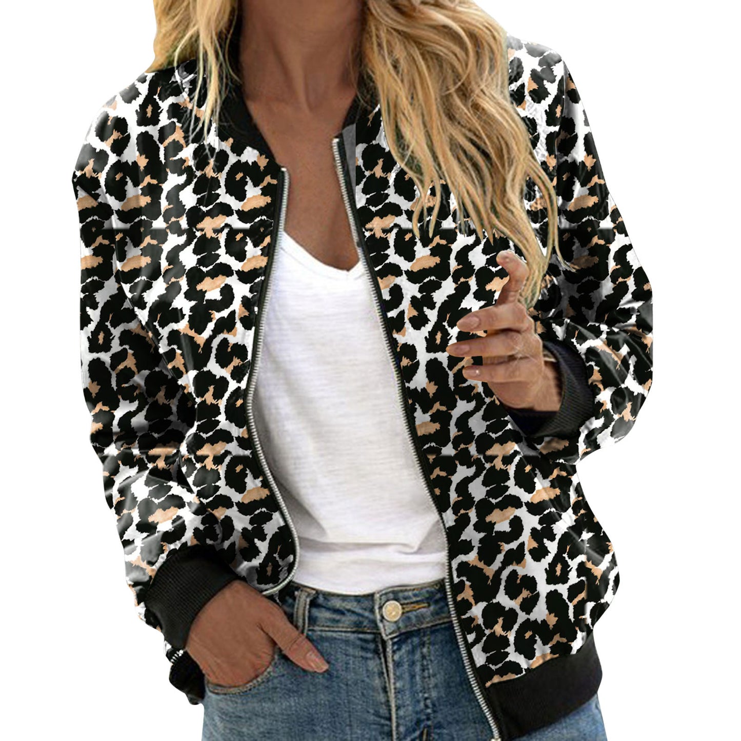 Fashion Leopard Printed Bomber Biker Jackets Women's Autumn Winter Casual Long Sleeve Pockets Coat Female Zipper Slim Outwears