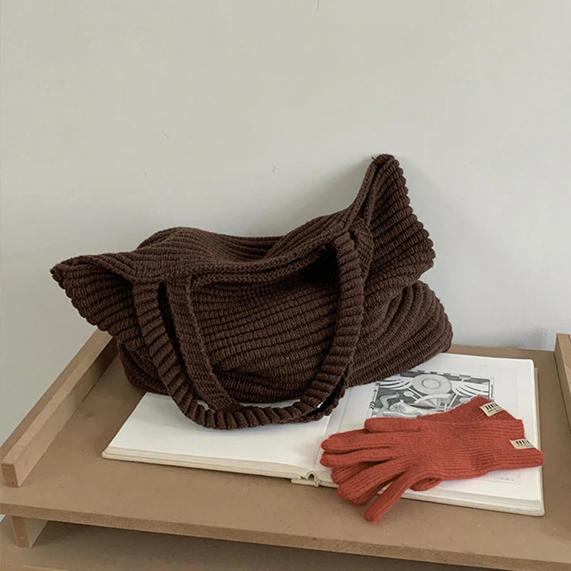 Retro Knitted Handbag for Women Autumn Winter New Design Solid Color Knitted Bag Large Capacity Travel Shoulder Bag