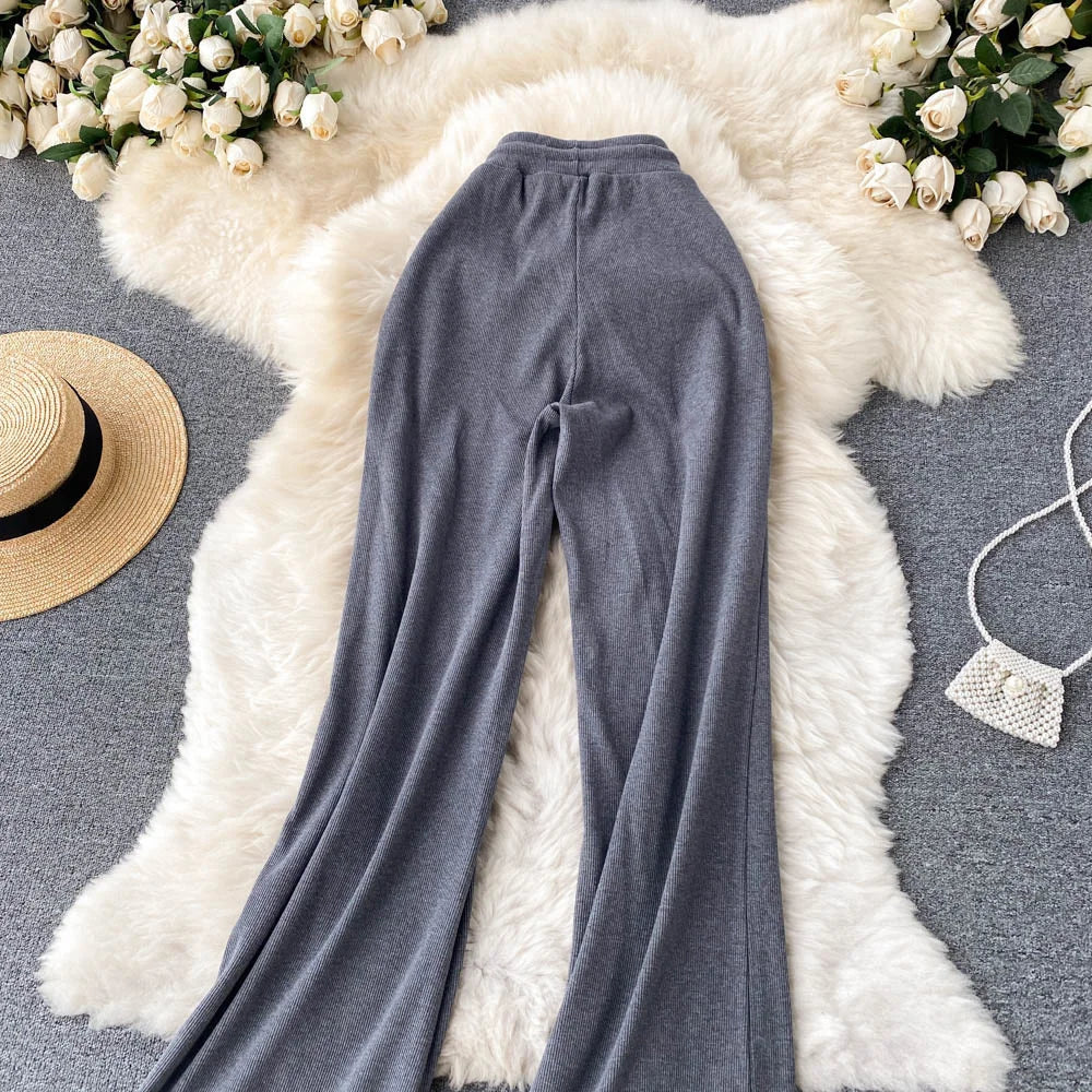 Women Long Pants Solid Fashion Spring Autumn High Elastic Waist Wide Leg Trousers Casual Sportswear Fitness Pants Trousers