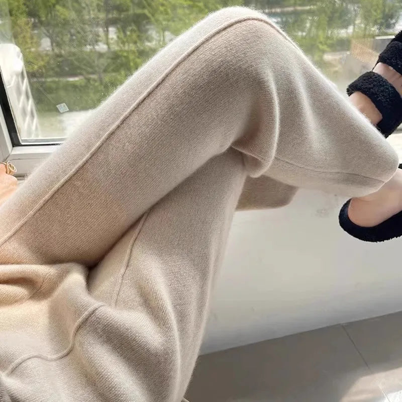 Women Pants Full Length Elastic Waist Knitted Pant Haigh Waist Wide Leg Autumn Winter Warm Stretch Trousers Casual Korean Pants