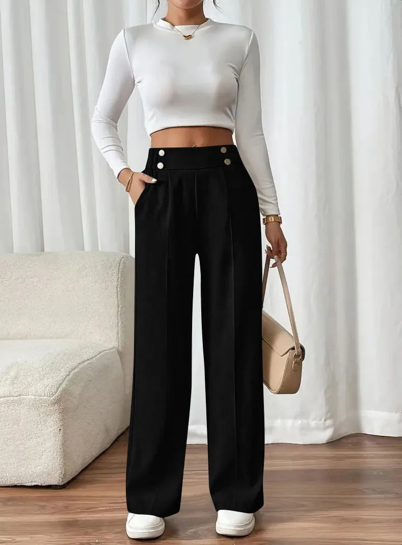 New European and American women's high-waist casual pants for women's comfortable loose draping straight-leg pants solid color p