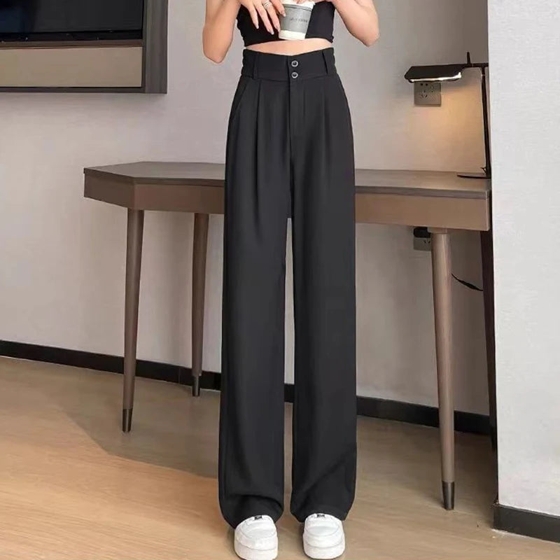 Women High Waist Suit Pants Lady Loose Straight Trousers Solid Color Spring Autumn Chic Streetwear Female Casual Wide Leg Pants