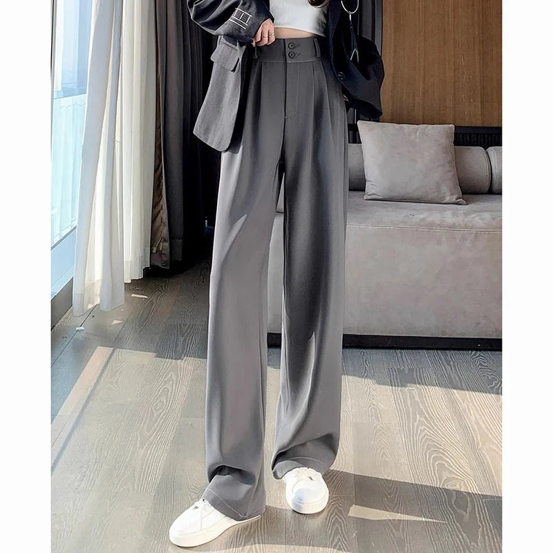 Women High Waist Suit Pants Lady Loose Straight Trousers Solid Color Spring Autumn Chic Streetwear Female Casual Wide Leg Pants