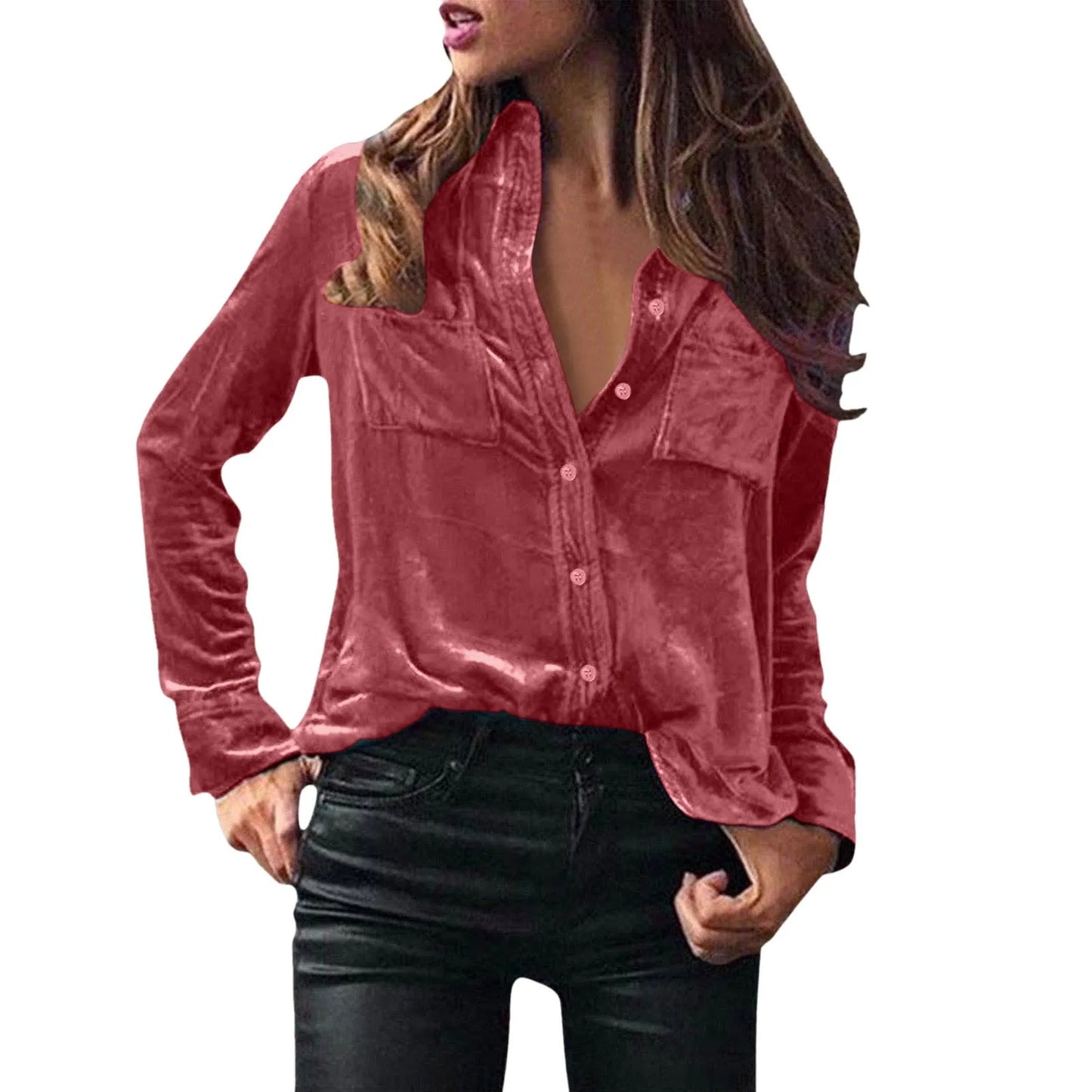 Women Fashion Solid Shirts Women Autumn Casual Long Sleeve Blouse Lapel Buttons Two Pockets Cotton Velvet Blend Tops chemise
