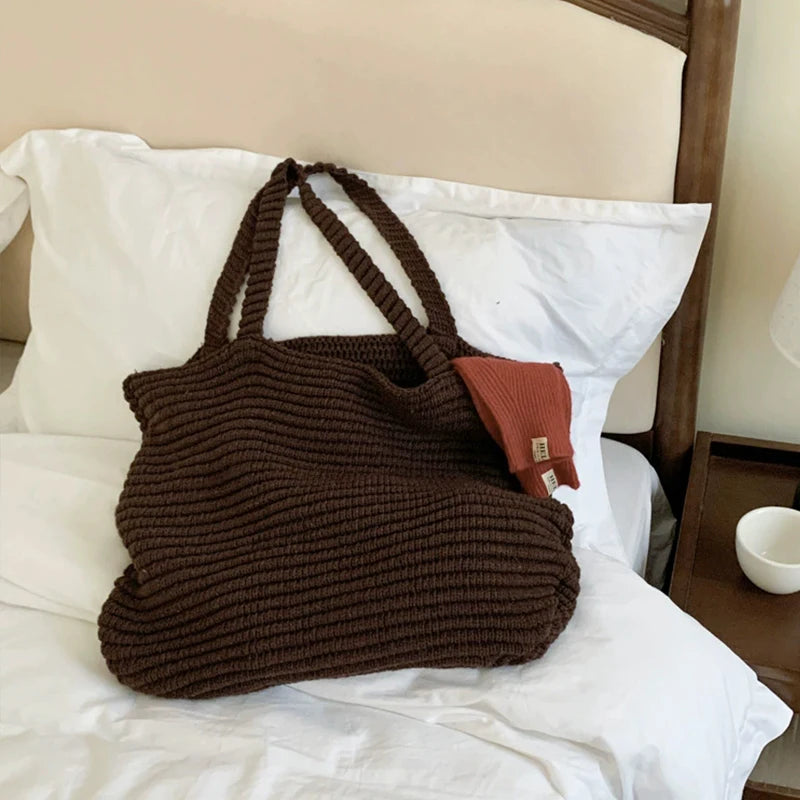 Retro Knitted Handbag for Women Autumn Winter New Design Solid Color Knitted Bag Large Capacity Travel Shoulder Bag