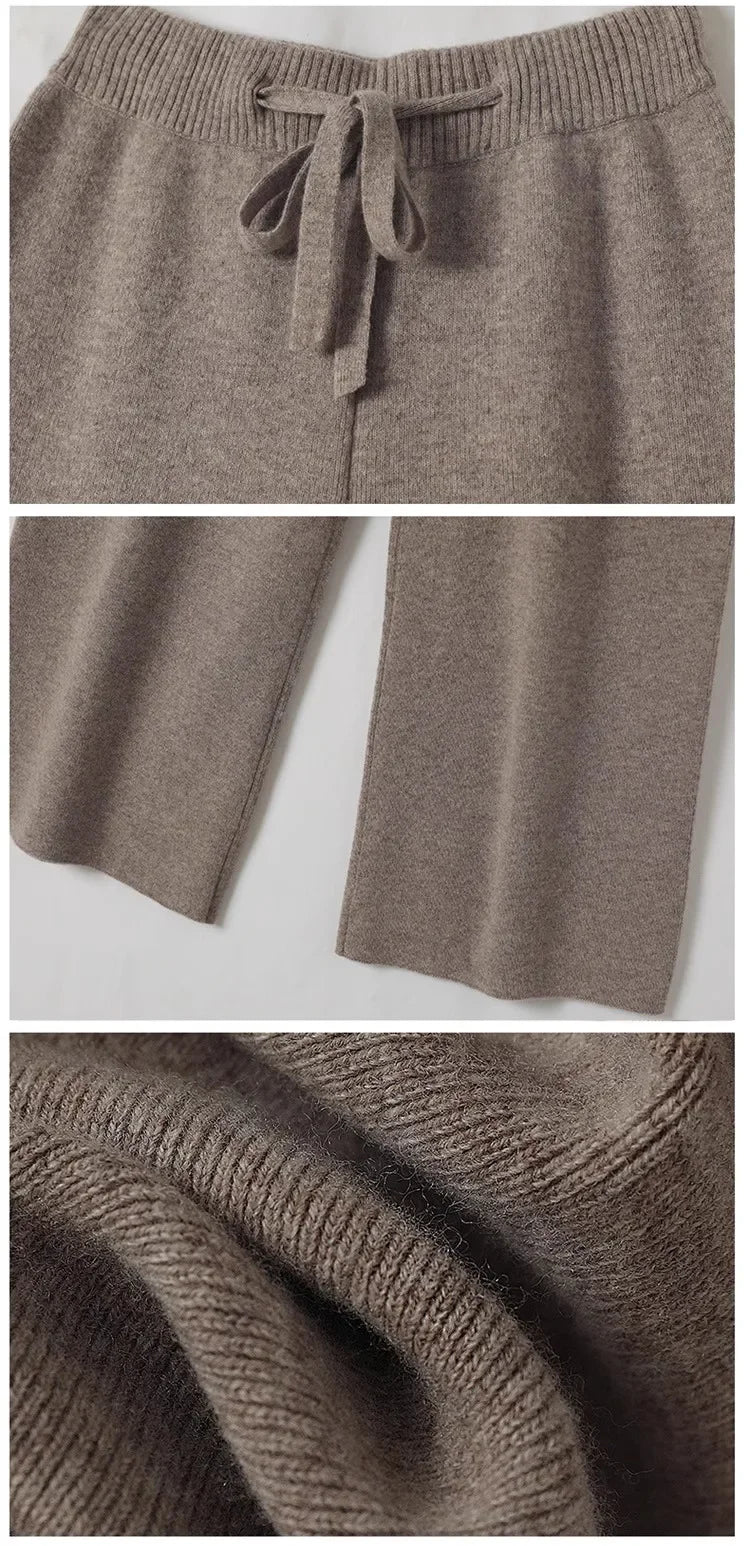 Wool Knitted Wide-Leg Pants for Women Loose Leisure All-Matching Soft Glutinous Thickened Straight Long Pants for Outer Wear