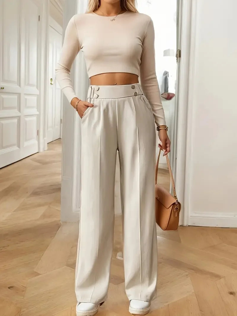 Women's High Waist Wide Leg Pants - 2025 New Flowy Floor-Length Trousers, Minimalist Straight Fit Lounge Pants with Elastic Wais