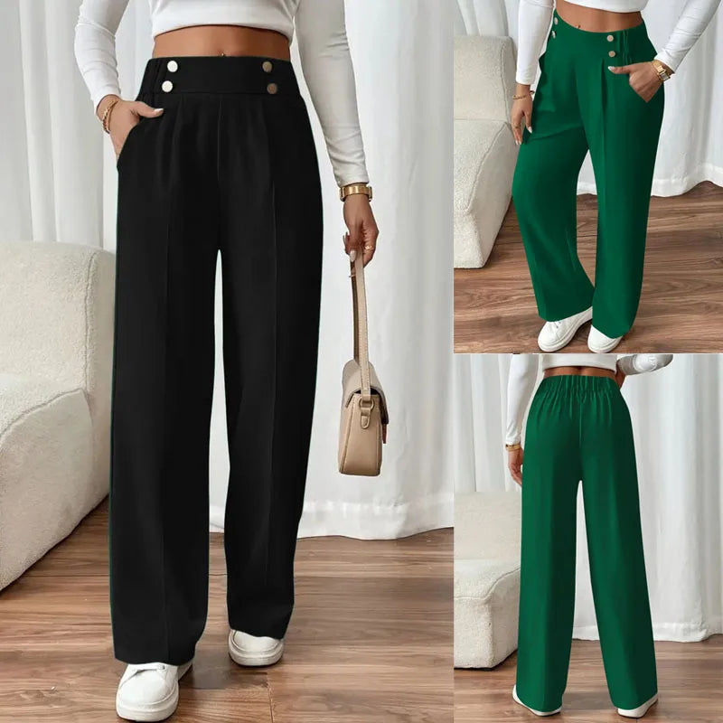 New European and American women's high-waist casual pants for women's comfortable loose draping straight-leg pants solid color p
