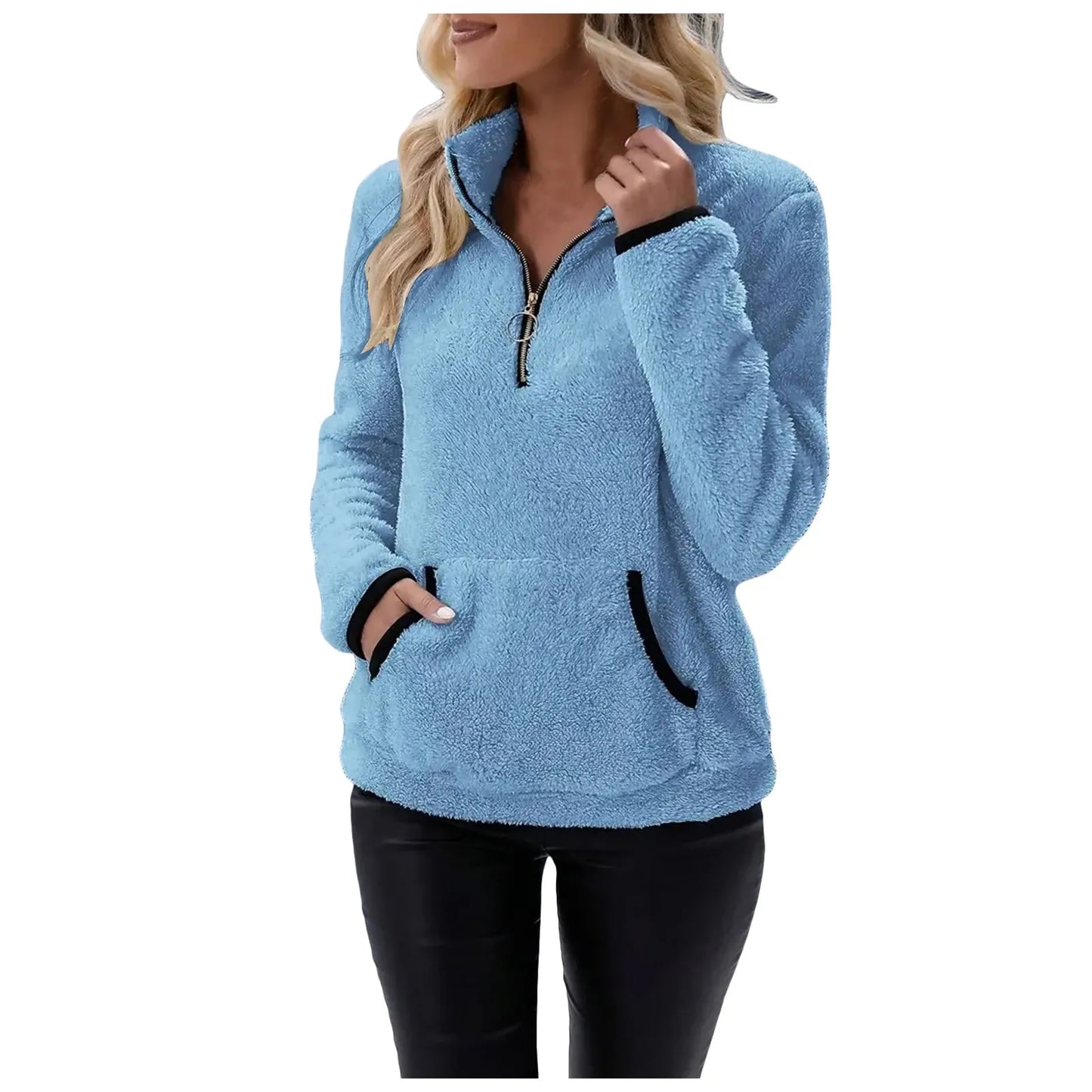 Half Zip Sweatshirts for Ladies Women's Soft Autumn And Winter Casual Sweatshirt With Side Pockets Zippers Warm Wool Pullover
