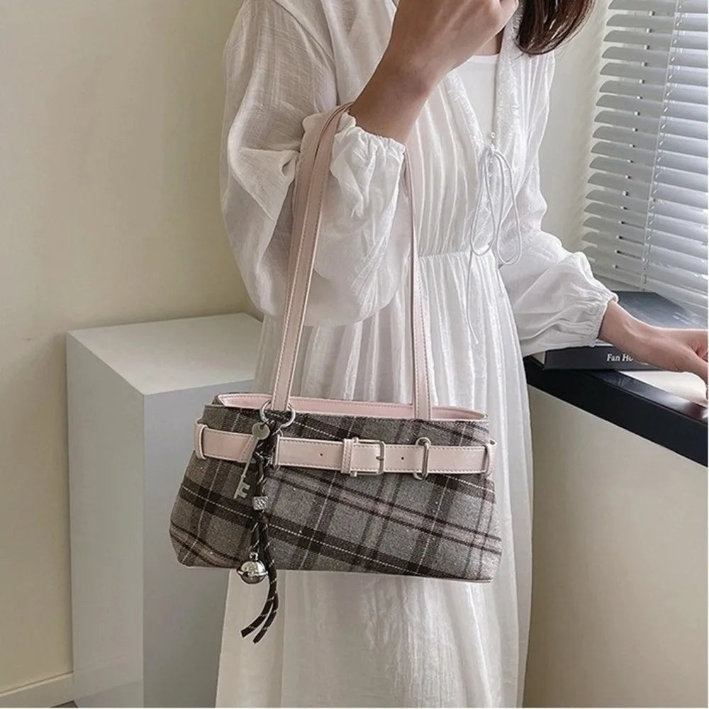 New Handbag Boho Shoulder Bag Bell Pendant Lightweight Tote Bag Plaid Underarm Bag Women Soft PU Checked Tote Cloth Shopping Bag