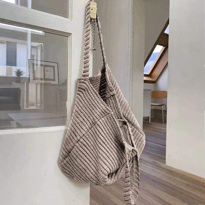 Retro Knitted Handbag for Women Autumn Winter New Design Solid Color Knitted Bag Large Capacity Travel Shoulder Bag