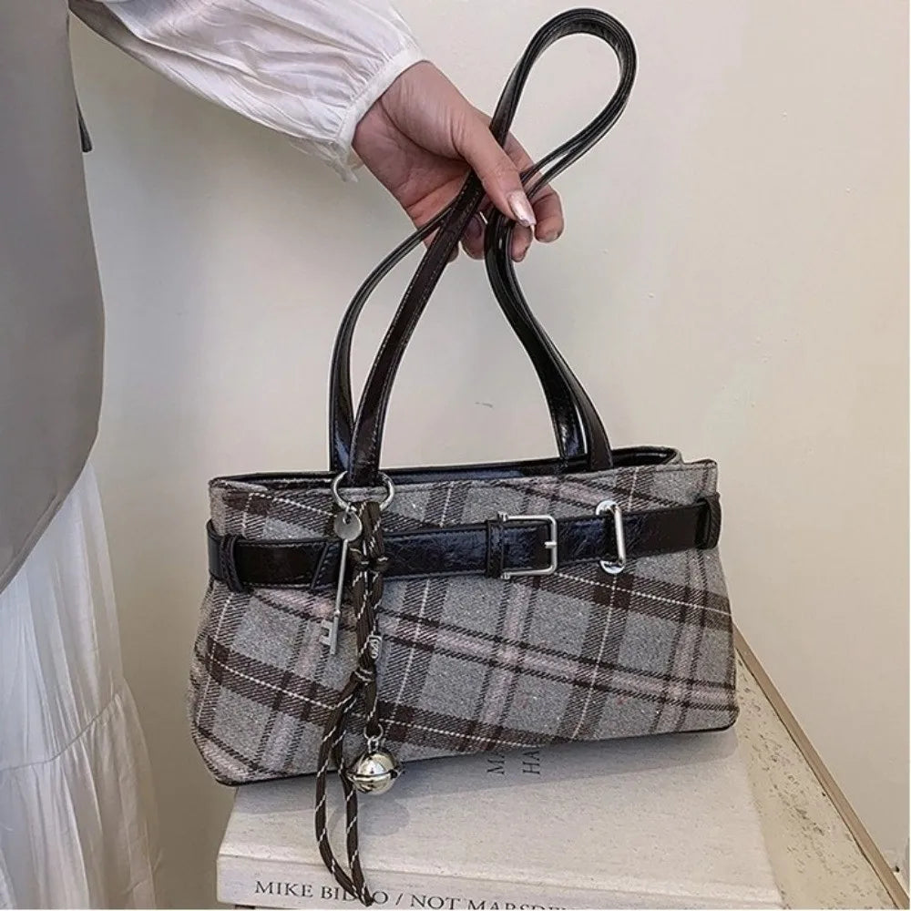 New Handbag Boho Shoulder Bag Bell Pendant Lightweight Tote Bag Plaid Underarm Bag Women Soft PU Checked Tote Cloth Shopping Bag