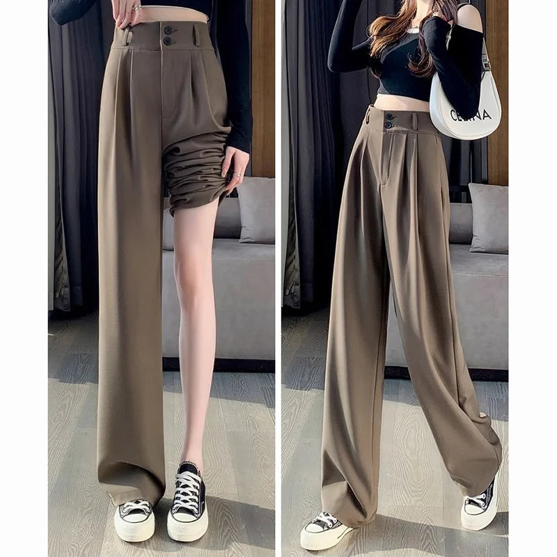 Women High Waist Suit Pants Lady Loose Straight Trousers Solid Color Spring Autumn Chic Streetwear Female Casual Wide Leg Pants