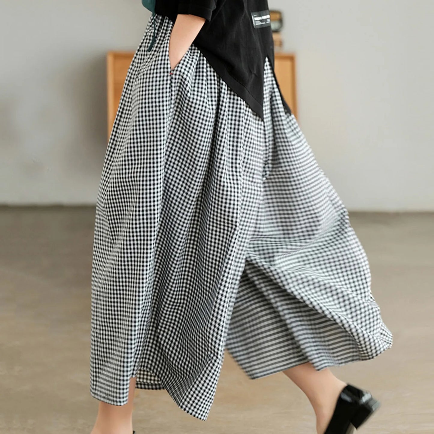 Checkered Culotte High-Waist Pleated Pants