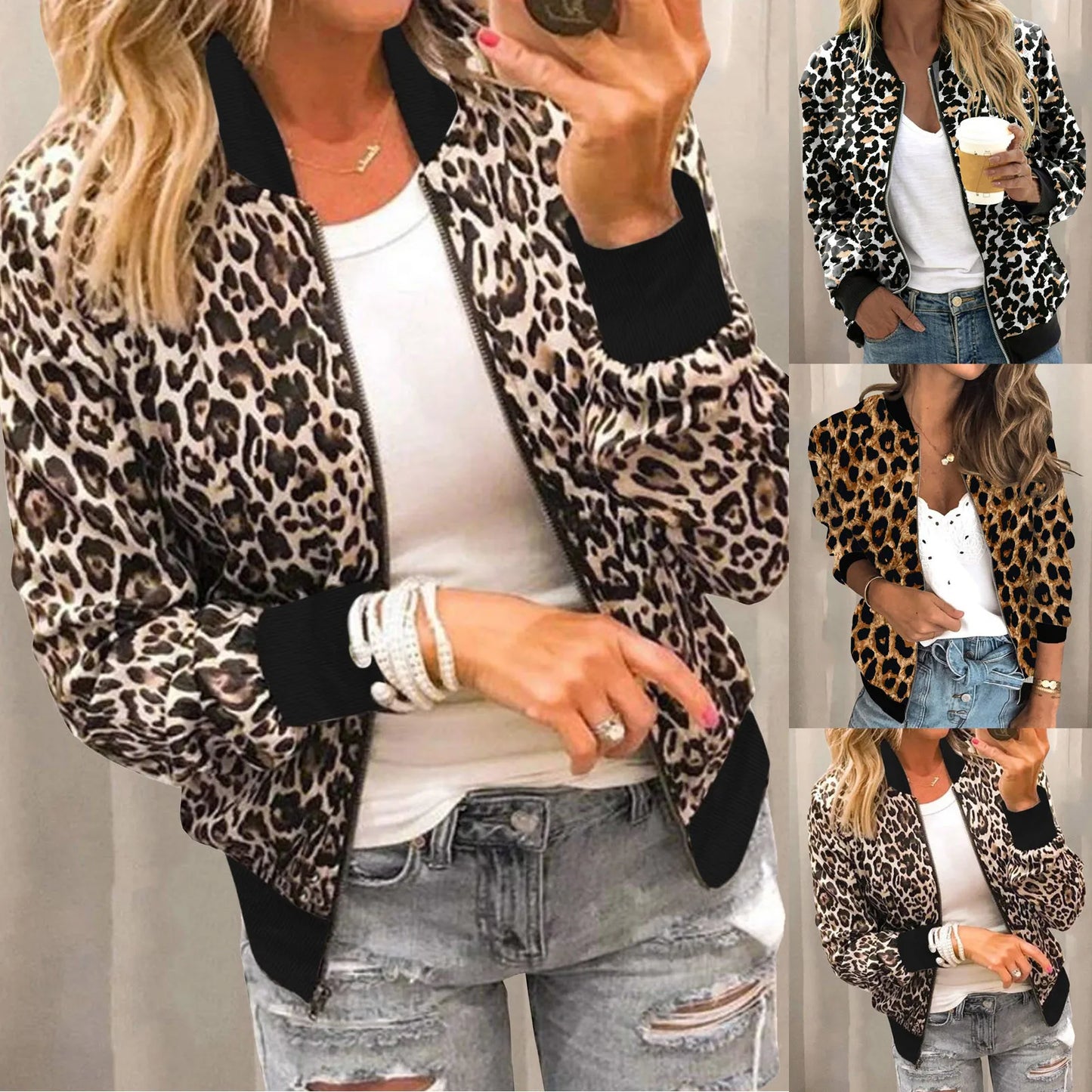 Fashion Leopard Printed Bomber Biker Jackets Women's Autumn Winter Casual Long Sleeve Pockets Coat Female Zipper Slim Outwears