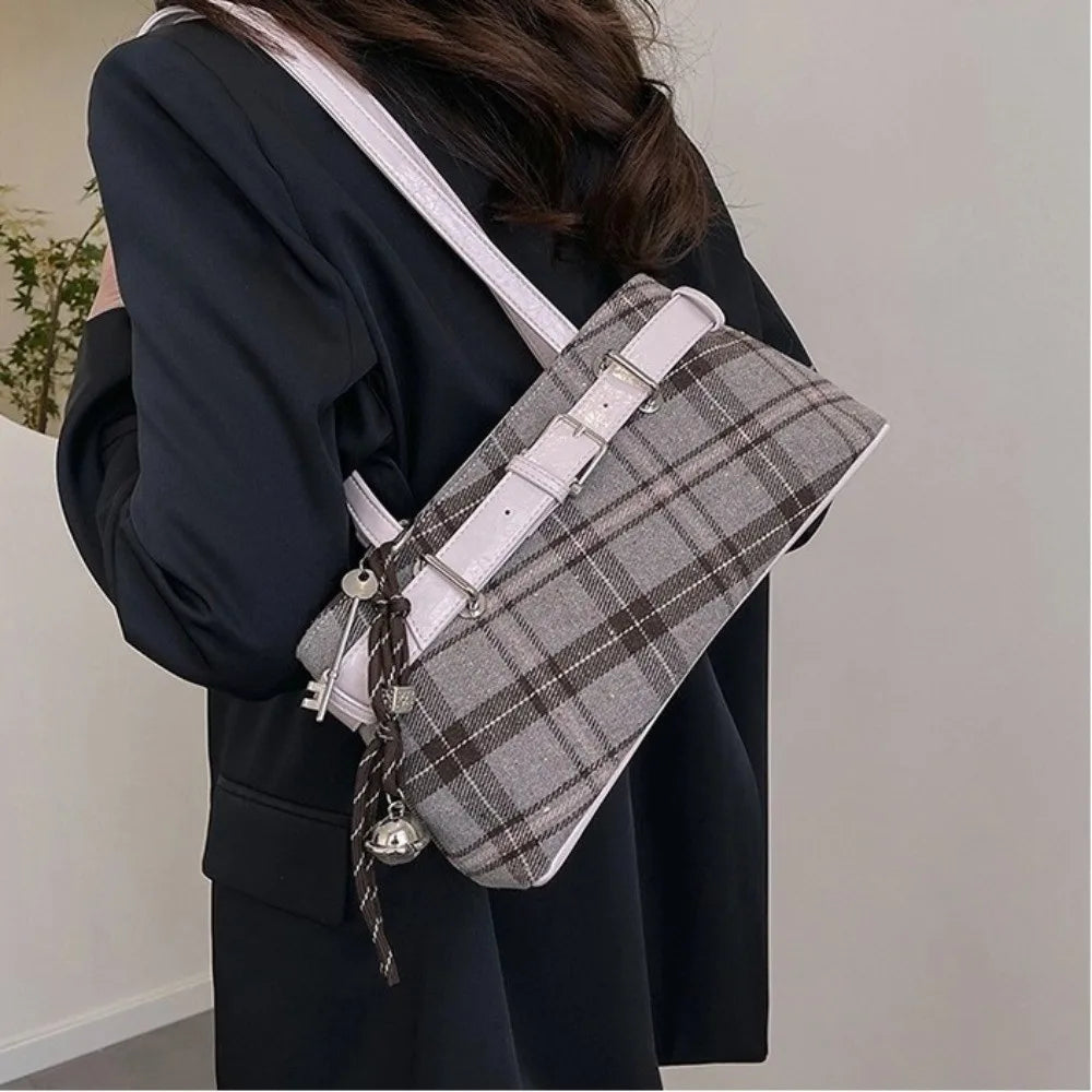 New Handbag Boho Shoulder Bag Bell Pendant Lightweight Tote Bag Plaid Underarm Bag Women Soft PU Checked Tote Cloth Shopping Bag