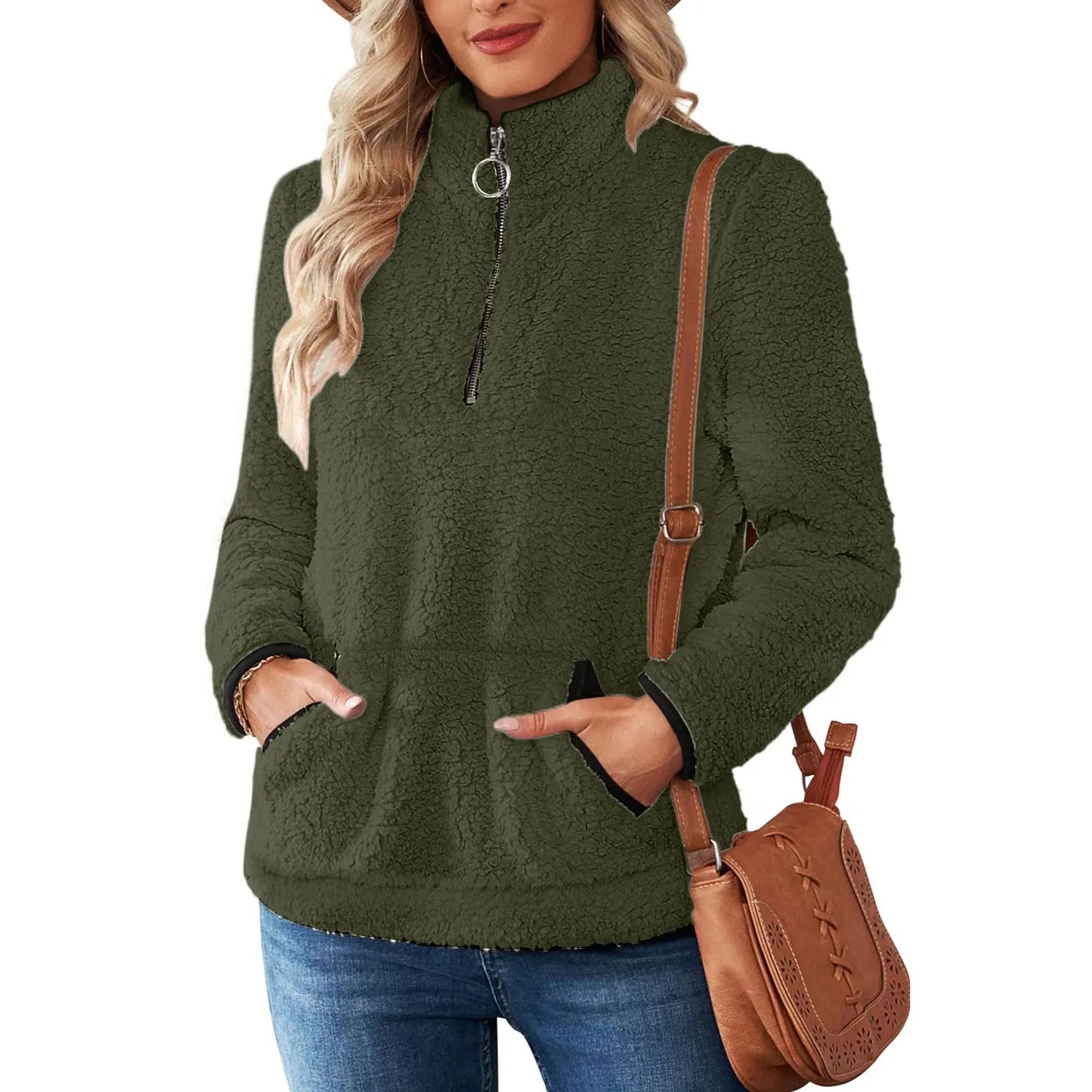 Half Zip Sweatshirts for Ladies Women's Soft Autumn And Winter Casual Sweatshirt With Side Pockets Zippers Warm Wool Pullover
