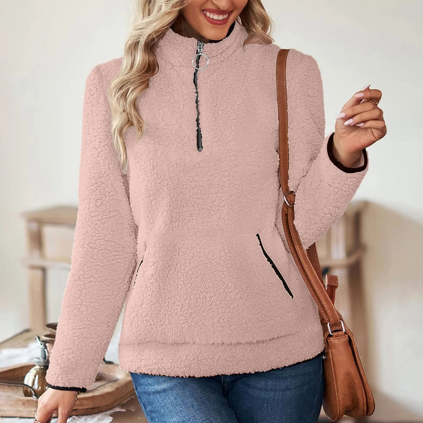Half Zip Sweatshirts for Ladies Women's Soft Autumn And Winter Casual Sweatshirt With Side Pockets Zippers Warm Wool Pullover