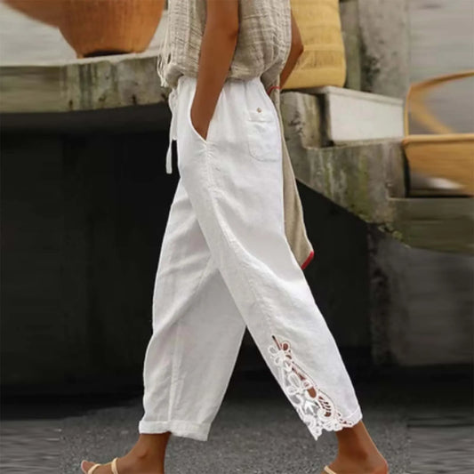 Linen Pants Women Summer Solid Color Lace Spliced Women's Pants High Waisted Drawstring Pocket Ladies Trousers Pantalones