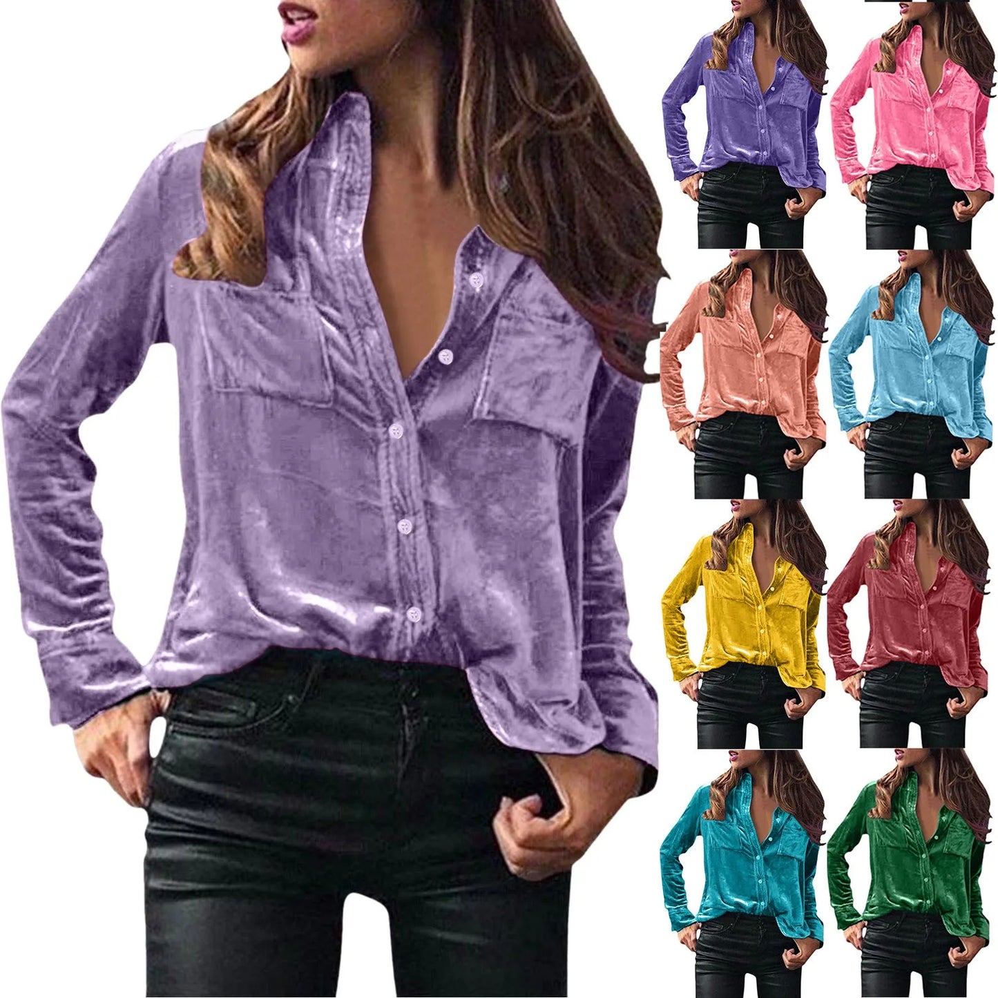 Women Fashion Solid Shirts Women Autumn Casual Long Sleeve Blouse Lapel Buttons Two Pockets Cotton Velvet Blend Tops chemise