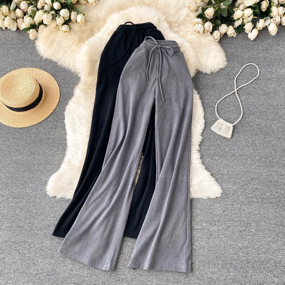 Women Long Pants Solid Fashion Spring Autumn High Elastic Waist Wide Leg Trousers Casual Sportswear Fitness Pants Trousers