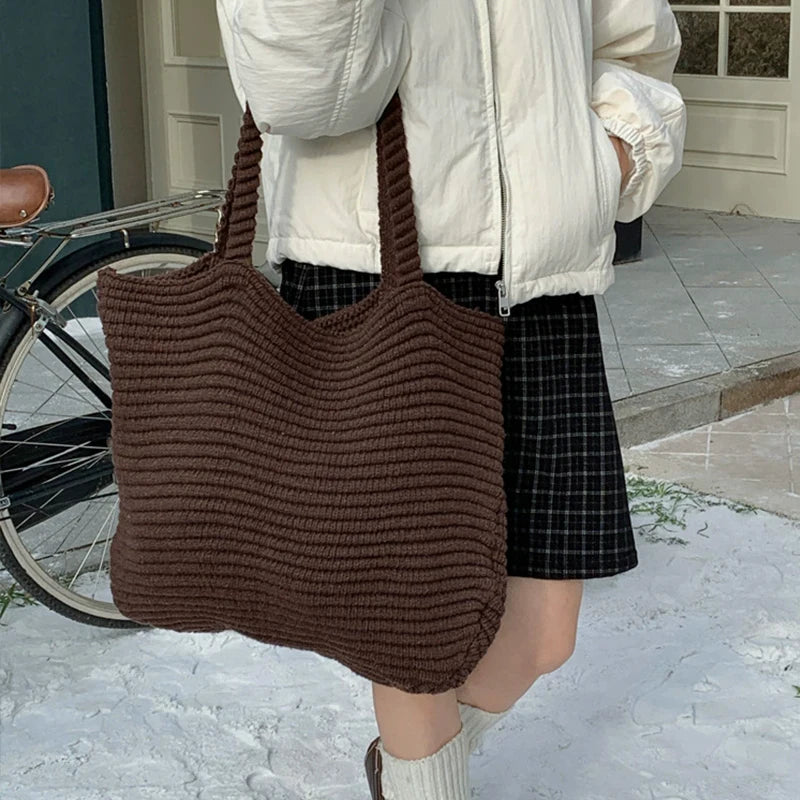 Retro Knitted Handbag for Women Autumn Winter New Design Solid Color Knitted Bag Large Capacity Travel Shoulder Bag