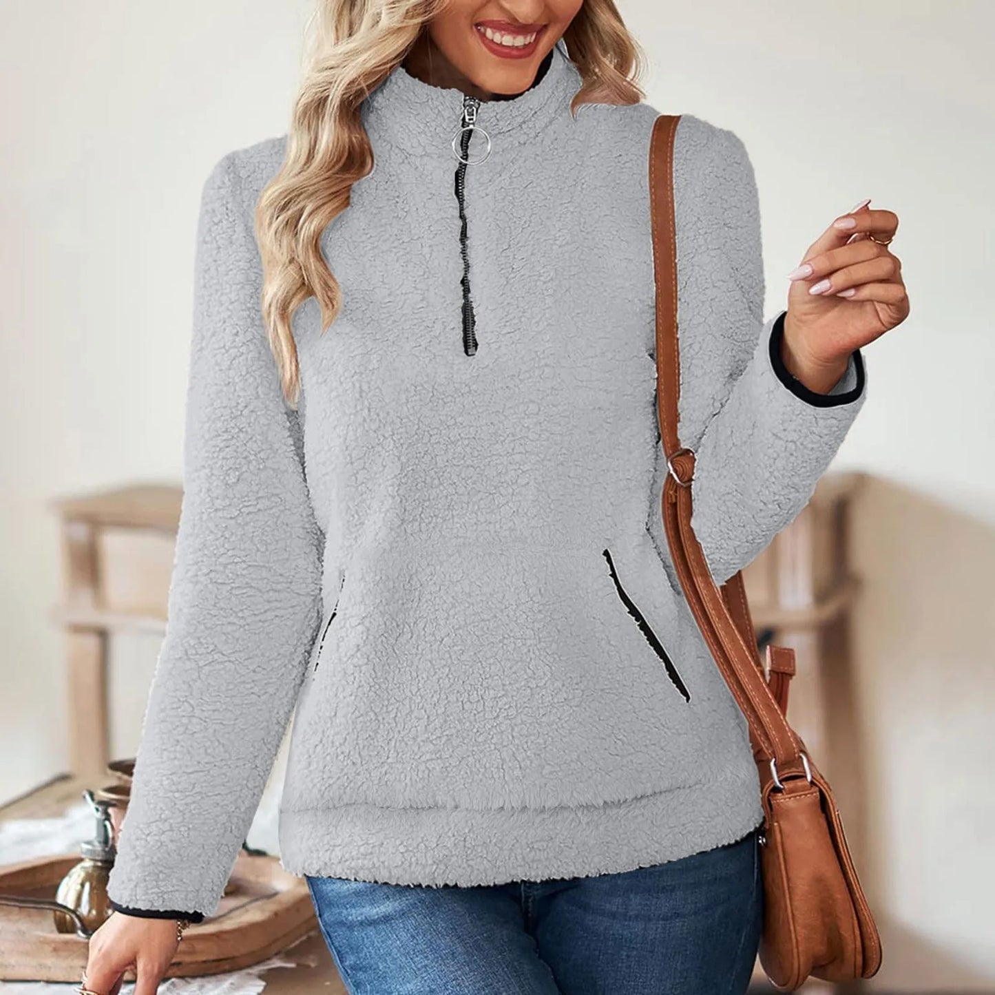 Half Zip Sweatshirts for Ladies Women's Soft Autumn And Winter Casual Sweatshirt With Side Pockets Zippers Warm Wool Pullover