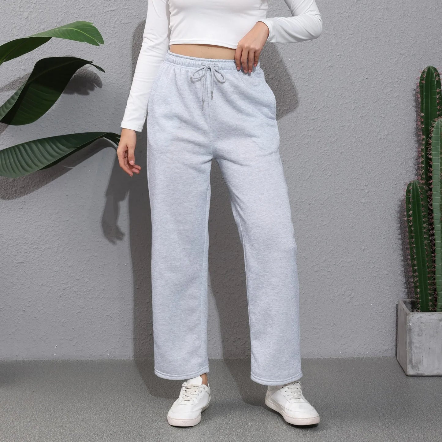 Wide Leg Pants For Women’s Fleece Lined Sweatpants Straight Pants Bottom All-Math Plain Fitness Joggers Pants Travel Basic