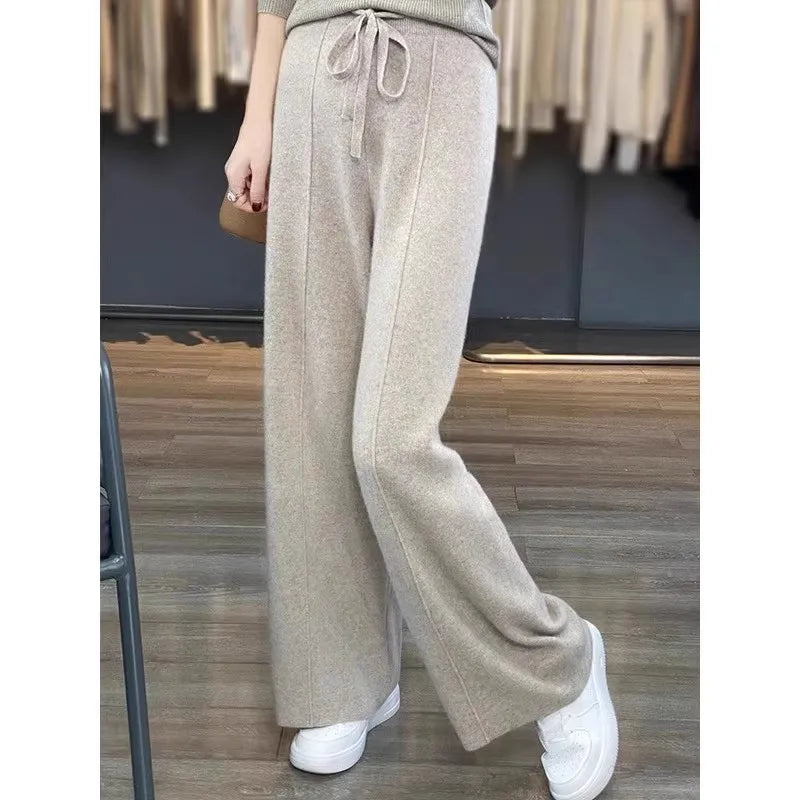 Women Pants Full Length Elastic Waist Knitted Pant Haigh Waist Wide Leg Autumn Winter Warm Stretch Trousers Casual Korean Pants