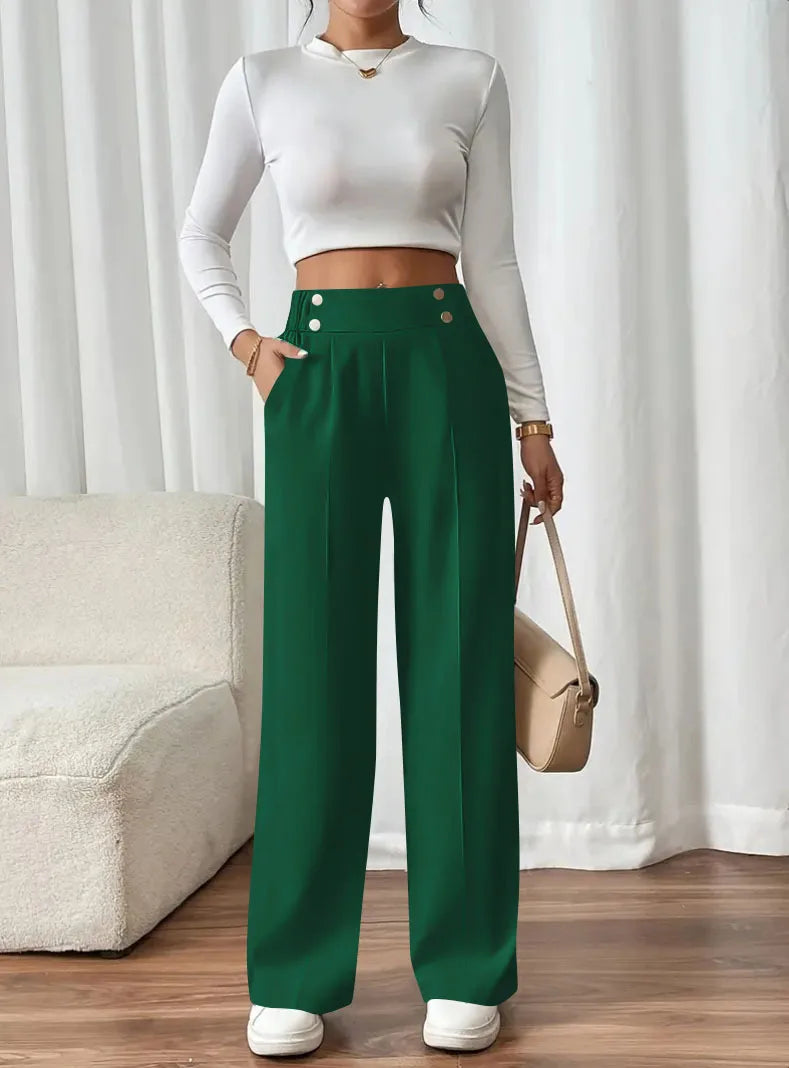 New European and American women's high-waist casual pants for women's comfortable loose draping straight-leg pants solid color p