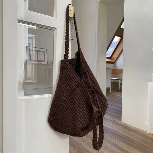 Retro Knitted Handbag for Women Autumn Winter New Design Solid Color Knitted Bag Large Capacity Travel Shoulder Bag