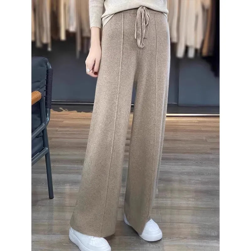 Women Pants Full Length Elastic Waist Knitted Pant Haigh Waist Wide Leg Autumn Winter Warm Stretch Trousers Casual Korean Pants