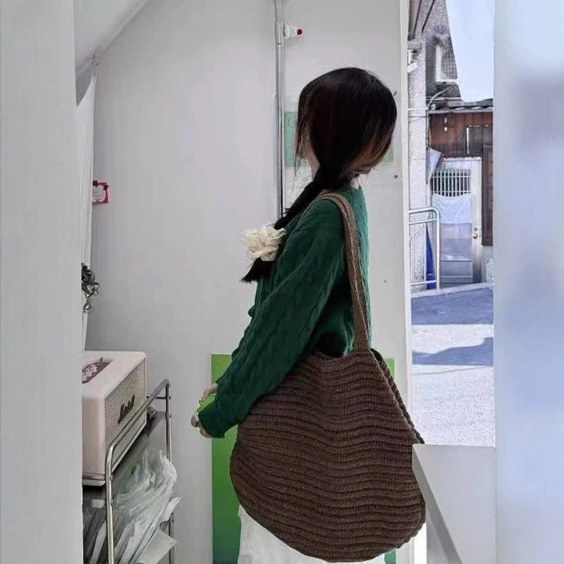 Retro Knitted Handbag for Women Autumn Winter New Design Solid Color Knitted Bag Large Capacity Travel Shoulder Bag