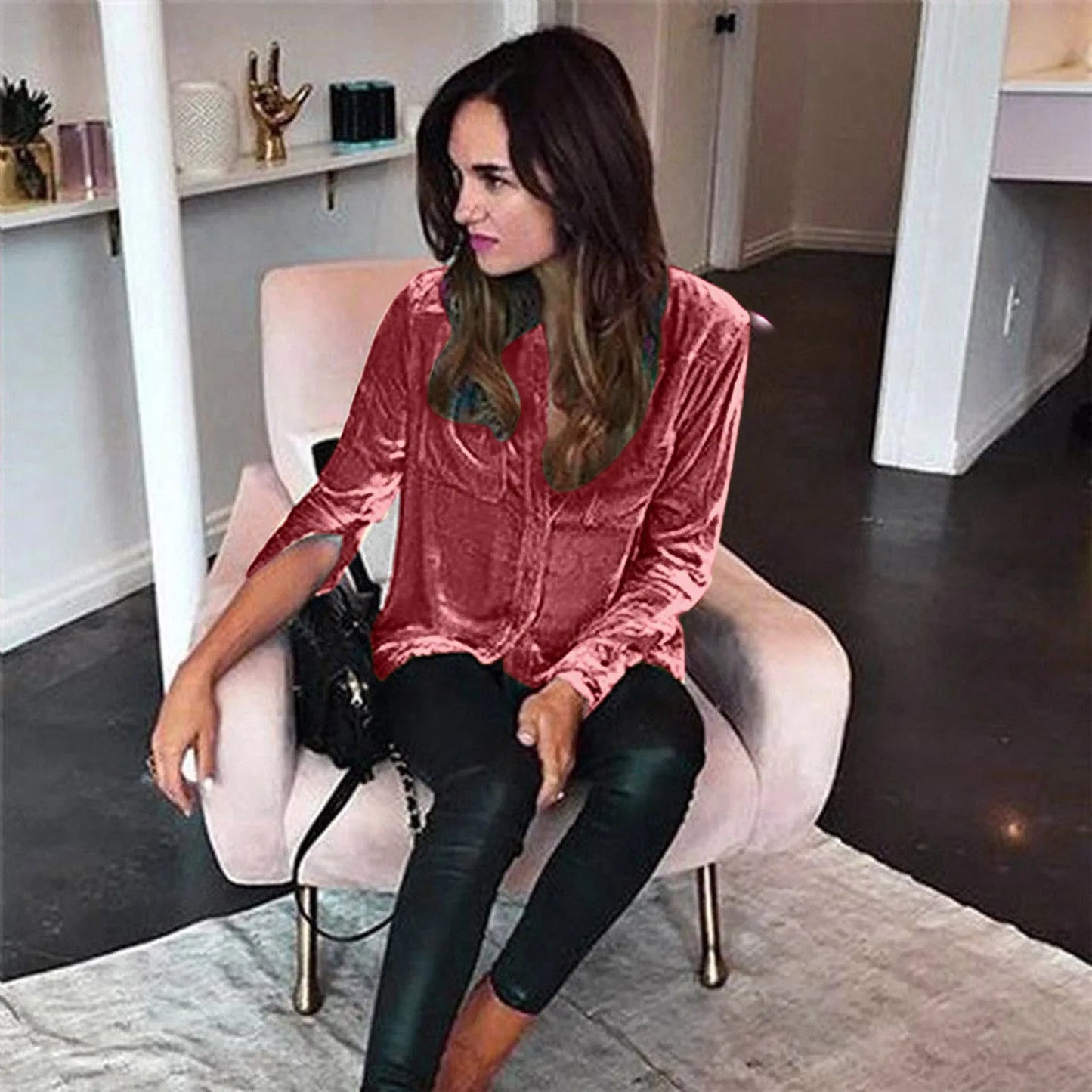 Women Fashion Solid Shirts Women Autumn Casual Long Sleeve Blouse Lapel Buttons Two Pockets Cotton Velvet Blend Tops chemise