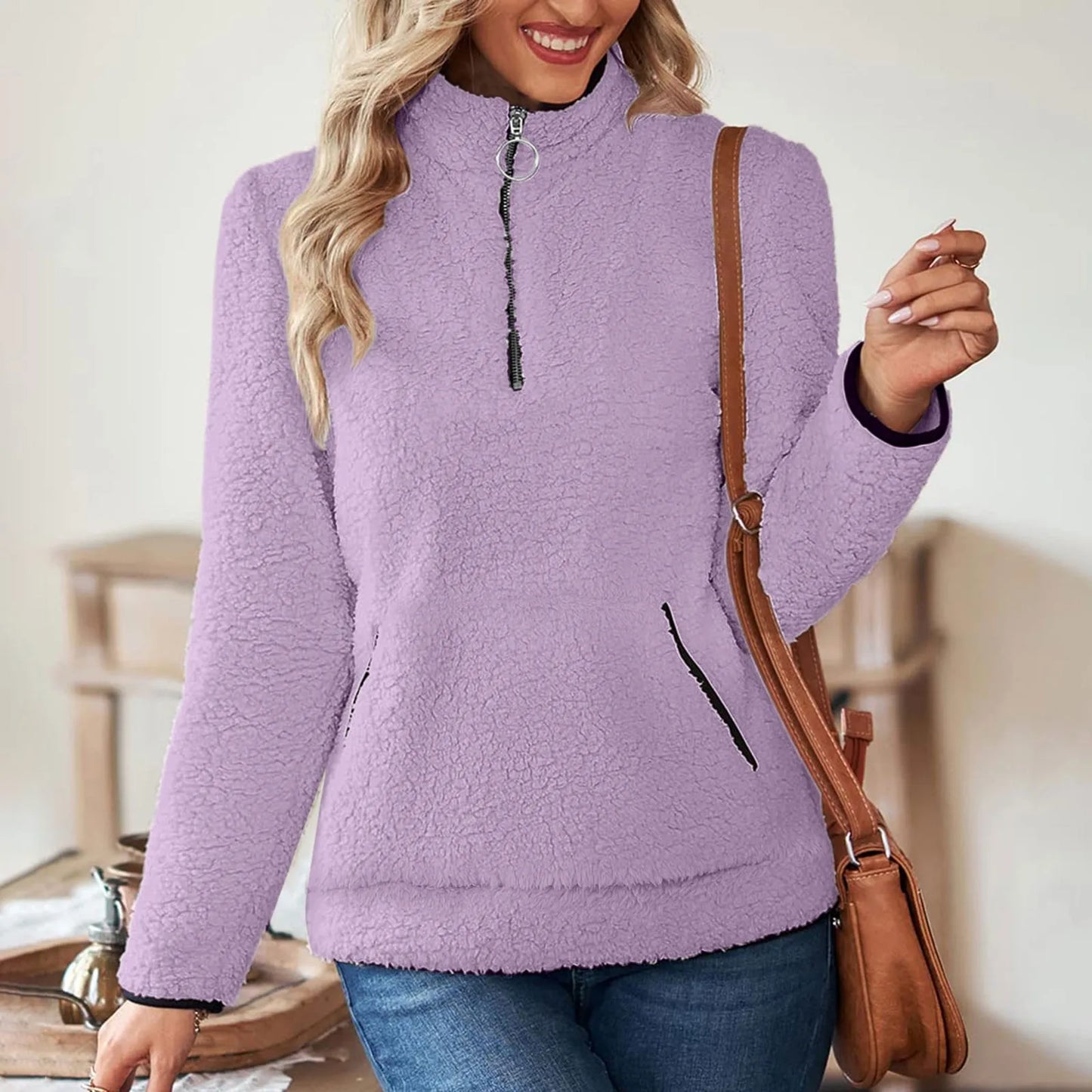 Half Zip Sweatshirts for Ladies Women's Soft Autumn And Winter Casual Sweatshirt With Side Pockets Zippers Warm Wool Pullover