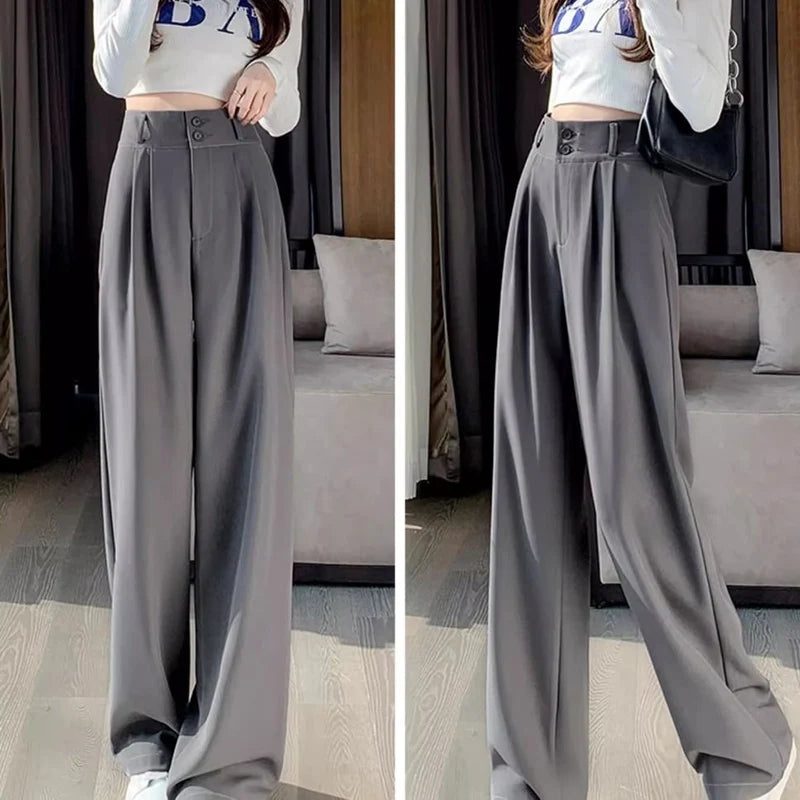 Women High Waist Suit Pants Lady Loose Straight Trousers Solid Color Spring Autumn Chic Streetwear Female Casual Wide Leg Pants